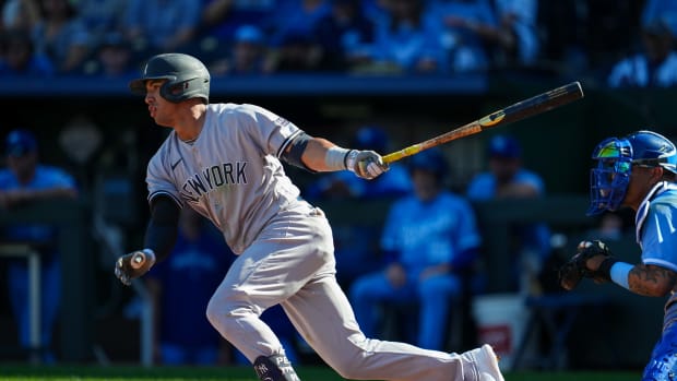 Oct 1, 2023; Kansas City, Missouri, USA; New York Yankees second baseman Oswald Peraza (91) bats against the Kansas City Royals during the fifth inning at Kauffman Stadium.